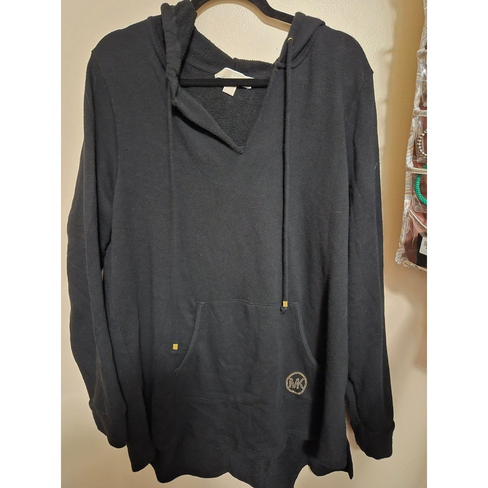 Michael Kors Womens 2X Black Waffle Knit Hoodie Gold Sparkle MK Logo Pullover